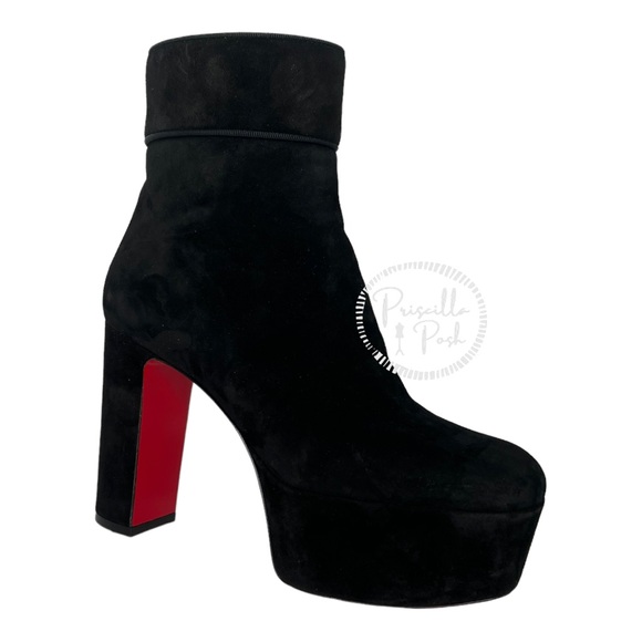 Christian Louboutin black suede platform ankle boot block heel square toe retro - Picture 15 of 16